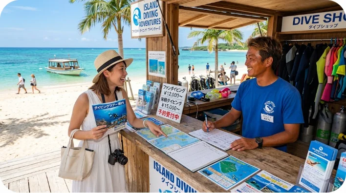 南国のビーチにあるダイビングショップのカウンターで、スタッフとツアーの計画を立てる旅行者