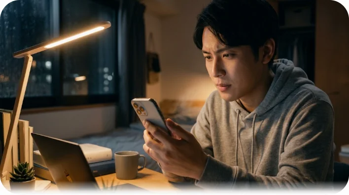 夜、アパートの机でスマートフォンから生活費の仕送りを確認する東アジア人の大学生