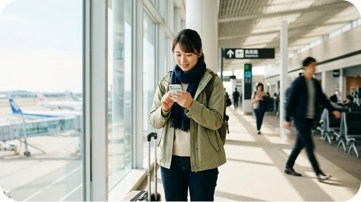 国際空港でワクチンの接種証明書をスマートフォンで見ている若い日本人の旅行者。安心した表情で出発の準備ができている。明るい自然光。