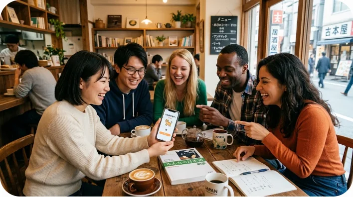日本のカフェでスマートフォンを見ながら楽しく談笑する多様な言語学習者たち