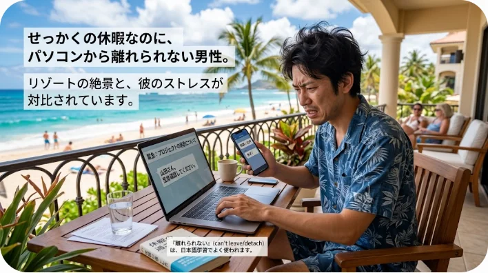 美しい海が見える南国のリゾート地のバルコニーで、景色を無視して眉間にしわを寄せながらノートパソコンとスマートフォンで仕事をしている人物の様子