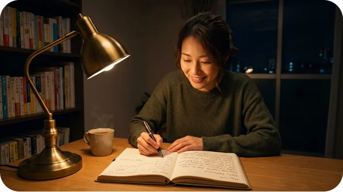 夜の落ち着いた雰囲気の中、デスクランプの光で英語日記を書く東アジア人
