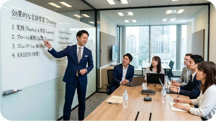 モダンな会議室で同僚に向かって自信を持ってプレゼンテーションを行い、ホワイトボードを指し示している東アジア人のビジネスプロフェッショナル。
