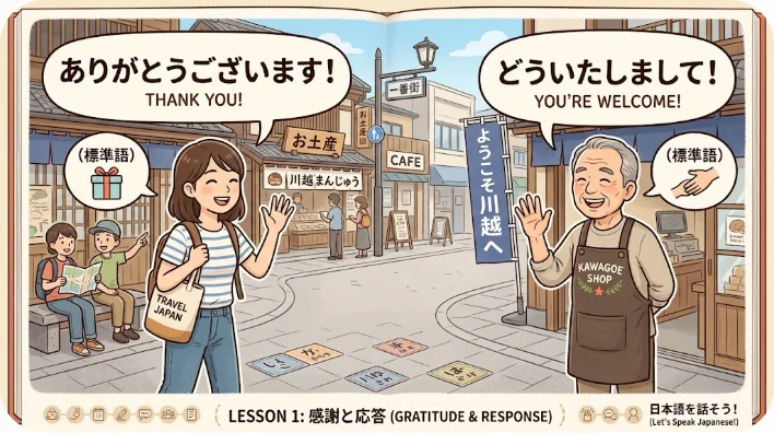 街角で笑顔で手を振り合い別れを告げる旅行者と地元の人の様子