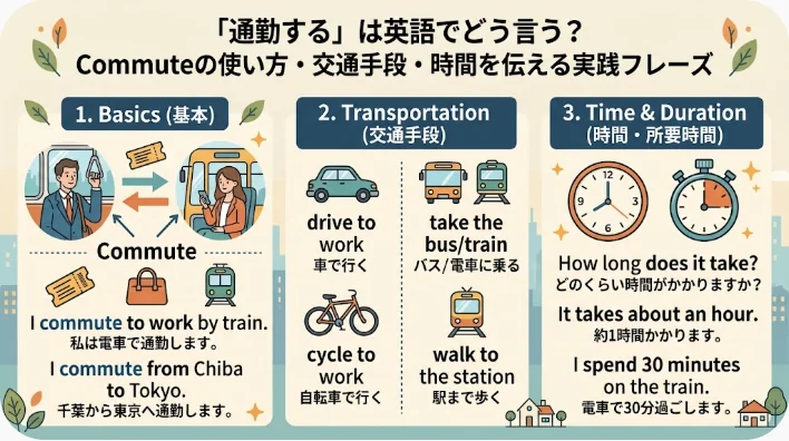 このインフォグラフィックでは、通勤に関する英語のフレーズや交通手段、所要時間について、人物や乗り物、時計のイラストとともに、日本語と英語の例文を交えて解説しています。.