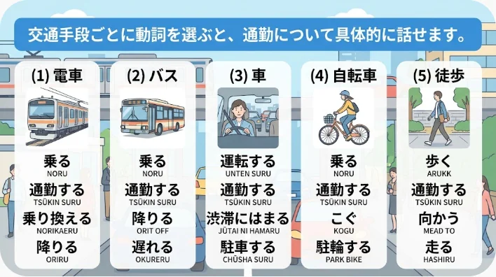 電車、バス、車、自転車、徒歩という複数の通勤手段を利用する人々