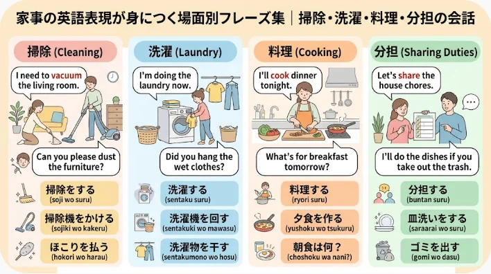 日本語と英語の対訳表には、掃除、洗濯、料理、家事分担に関するフレーズが掲載されており、各作業ごとに簡単なイラストと訳文が添えられています。.