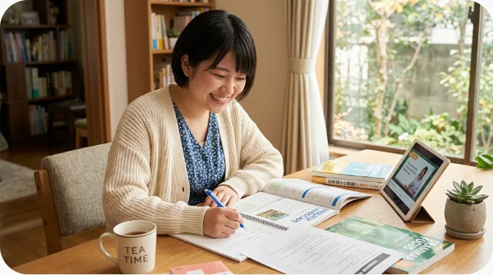レストランへの英語予約電話に備えて日時や人数をノートへ整理する学習者