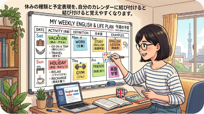 週間予定表と英語フレーズ用ノートが置かれた学習机