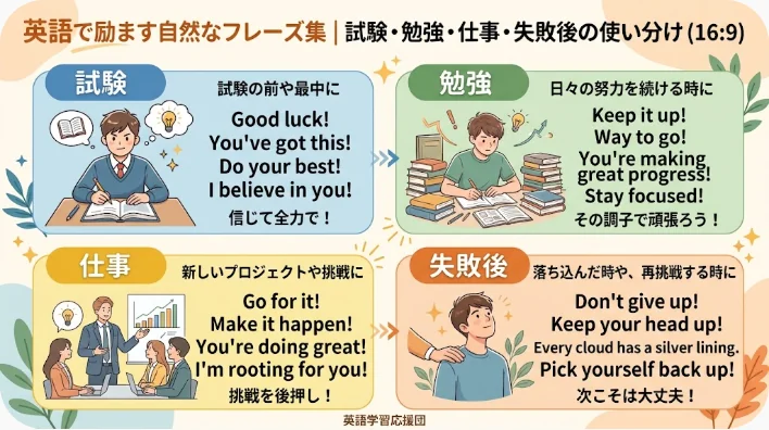 イラストで描かれた人物が登場するインフォグラフィックには、試験や勉強、仕事、そして失敗した後の場面で役立つ励ましの英語フレーズが、日本語訳とともに掲載されています。カテゴリーごとのセクションは、青、緑、黄色、オレンジ色で表示されています。.
