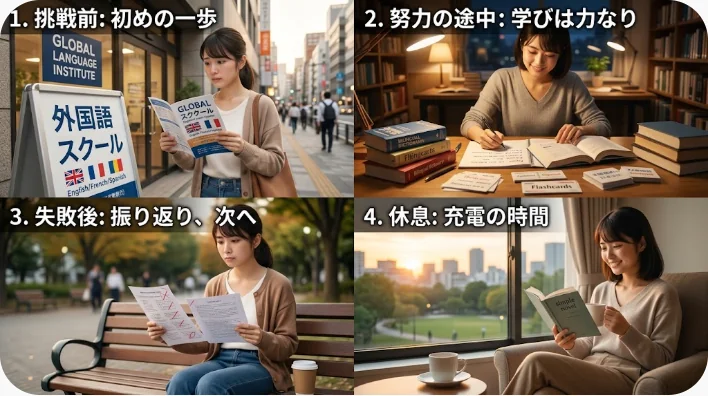 英語の励まし表現を場面別にノートへ整理する成人学習者