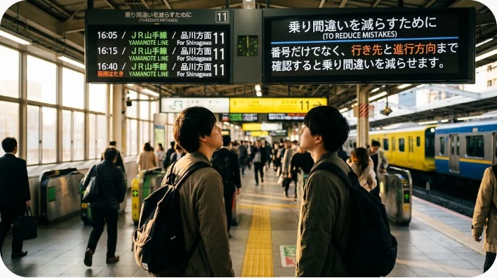 日本人旅行者が海外のバス停で路線図と乗り場を確認している様子