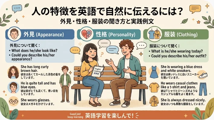日本語と英語で作成されたインフォグラフィックでは、イラスト付きの人物や例文を用いて、英語で人の外見、性格、服装をどのように表現するかを解説しています。.