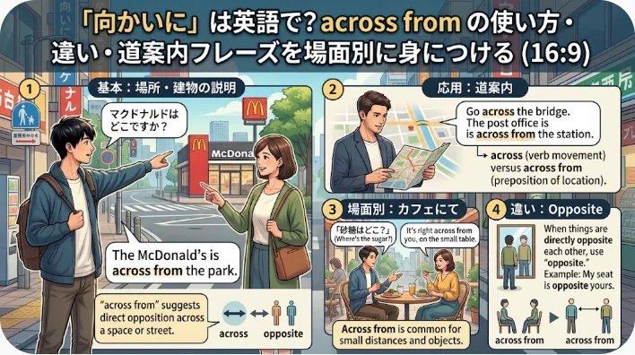 日本語と英語で書かれたガイドでは、英語の「across from」の使い方について解説しており、通りやカフェのシーンを例に挙げて、その使い方の違いを紹介しています。.