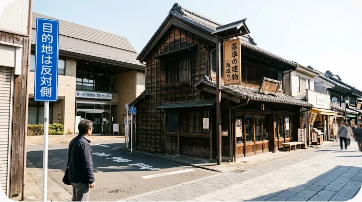 道路の両側で向かい合う銀行と薬局を日本人英語学習者が見ている街の風景