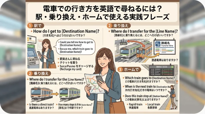 駅での道案内、乗り換え、ホームの探し方などに関する英語と日本語のフレーズを、電車や地図、券売機のイラストとともに解説したガイドブック。.