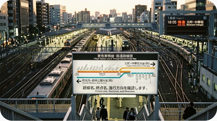 海外の鉄道駅で旅行者が改札付近の路線図を確認している様子