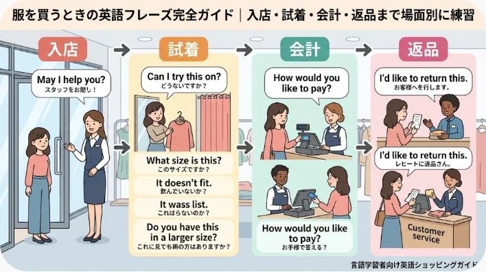 衣料品店のイラストで、入店、試着、レジでの支払い、返品の4つの段階が示されており、各ステップごとに英語と日本語のフレーズが記載されています。.