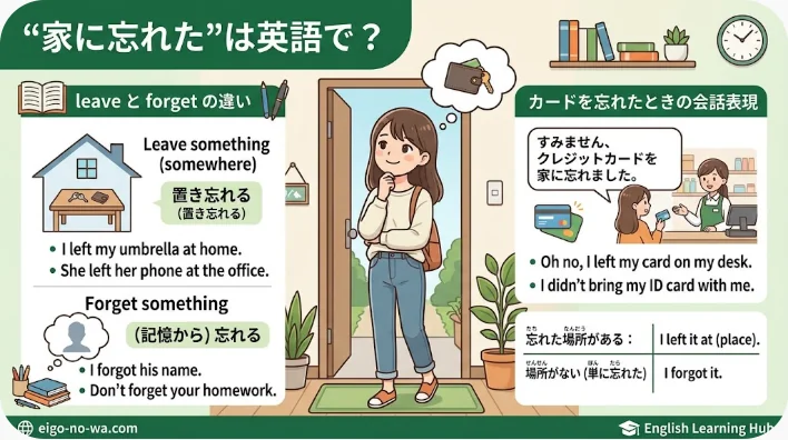ある女性がバッグを手に持ち、戸口に立って物思いにふけっている様子が描かれており、その横には「leave」と「forget」の英語表現や、物を置き忘れたり忘れたりする場面の例文が説明文として添えられている。.