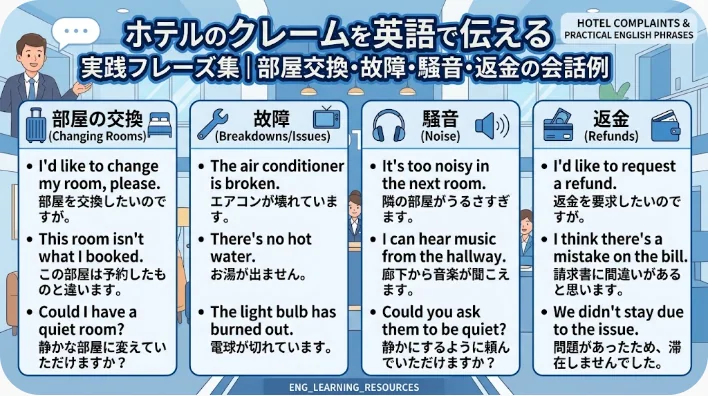 ホテルの苦情に関する英語と日本語のフレーズをまとめたインフォグラフィック。部屋の変更、トラブル、騒音、返金などについて、各カテゴリーごとにアイコンや会話例を掲載しています。.