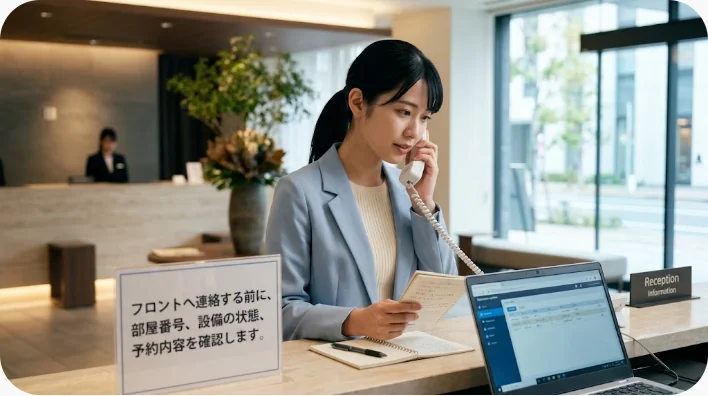 ホテルの部屋で旅行者が設備と予約内容を確認している様子