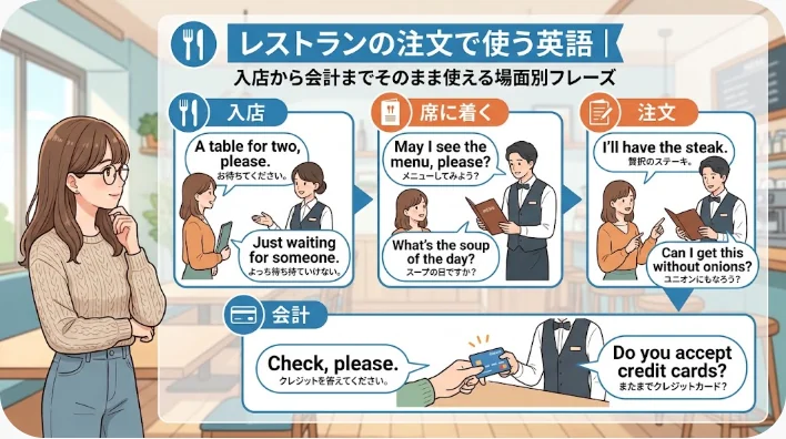 レストランでの場面（席への案内、料理の注文、メニューの請求、クレジットカードでの支払いなど）で使える英語のフレーズと日本語訳を掲載したイラスト。.