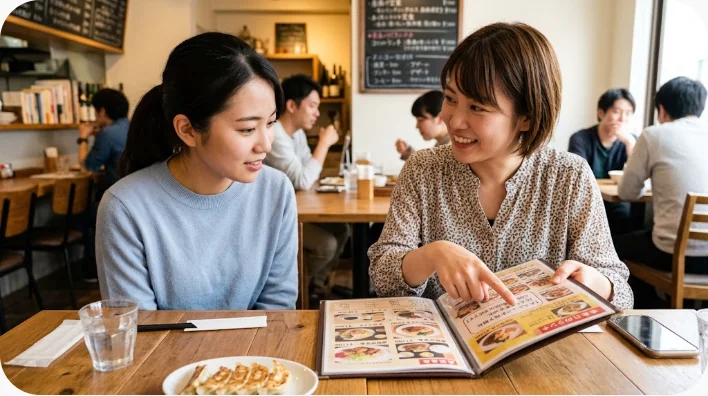 海外レストランで英語メニューを指しながら注文を考える学習者