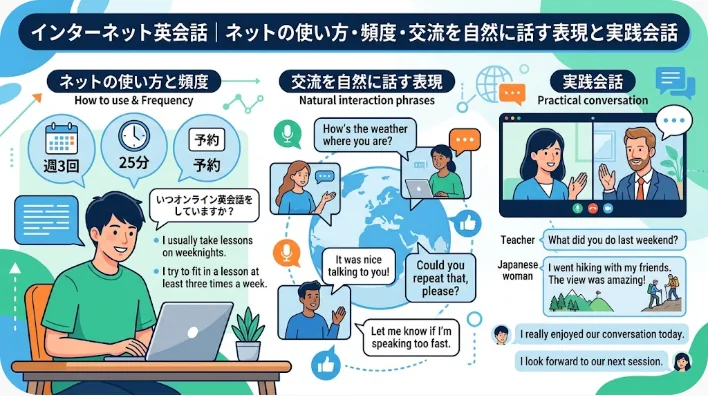 オンラインでの英語学習に関するインフォグラフィック。レッスンの予約方法、会話のフレーズ、そしてパソコンを使ってチャットをする人々のイラスト付きの実用的な例が紹介されています。.