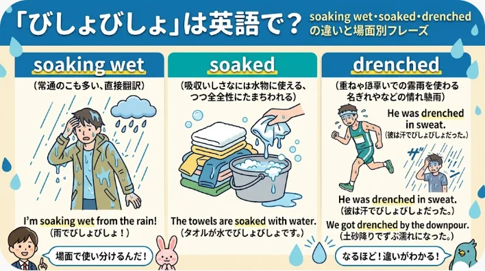 3つのイラスト入りパネルで、「びしょ濡れ」「ずぶ濡れ」「水浸し」の違いが、例文や日本語訳、そして濡れた状態の漫画のキャラクターたちを用いて解説されています。.