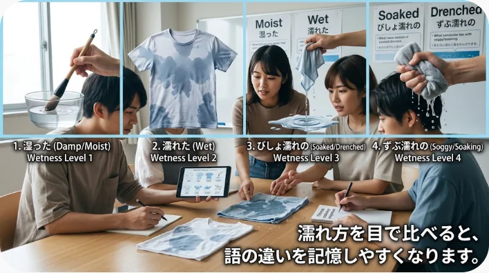 湿ったタオル、びしょ濡れのシャツ、水を吸った靴、水滴が落ちる傘を並べた画像