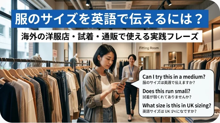 ある女性が衣料品店でジャケットを手に持ったまま立っている。周囲には他の買い物客や衣類のラックが見える。服のサイズを尋ねる方法について、日本語と英語の説明文が表示されている。.