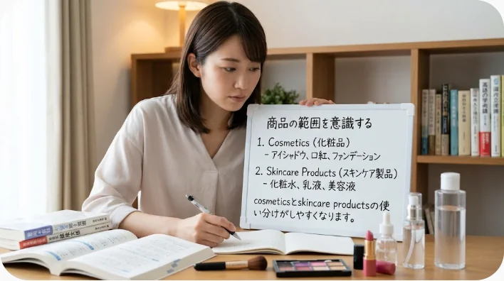 眉用化粧品、口紅、ベースメイク、スキンケア商品をカテゴリー別に並べた写真
