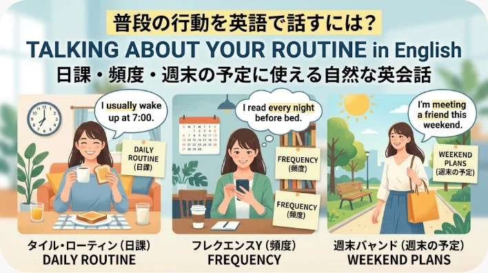 このインフォグラフィックでは、日常のルーティンや頻度、週末の予定について英語で話し合う方法を、例文やさまざまな活動に取り組む人々の漫画風のイラストを交えて解説しています。.