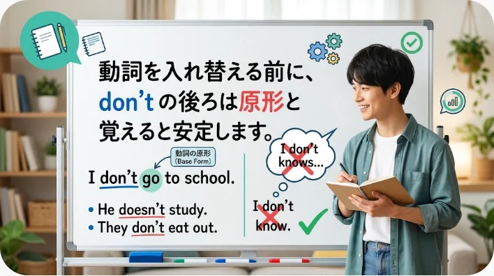 机でノートを使いWhy don't youの文型を学ぶ成人英語学習者