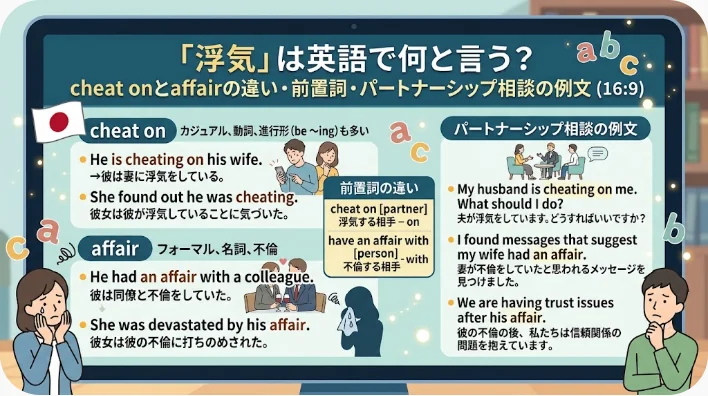 あるインフォグラフィックでは、英語における「cheat on」と「affair」の違いについて、例文や日本語訳、そして不貞行為への懸念を示す人々のイラストを交えて解説しています。.
