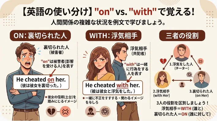三者の位置関係を使って浮気した人、裏切られた人、浮気相手の役割を表した学習用画像