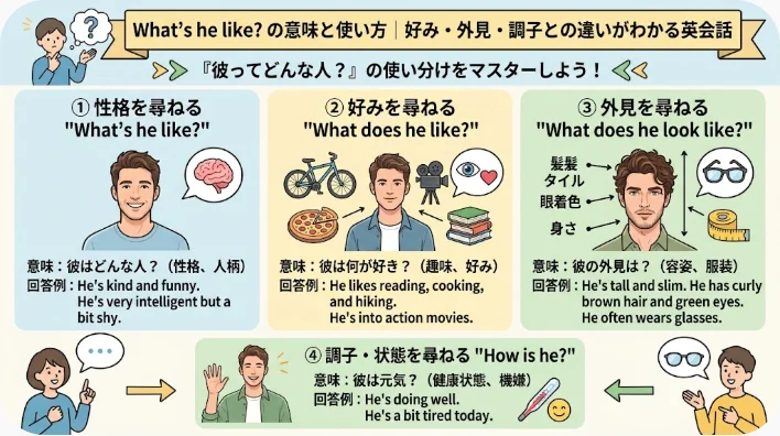 このインフォグラフィックでは、男性や物などのイラスト、および各カテゴリーごとの例文を用いて、英語で性格、好み、外見をどのように表現するかを解説しています。.