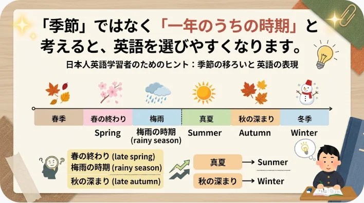 季節の英語を学ぶためのノートと花や葉が置かれた窓辺