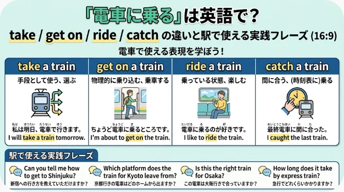 ある日本のインフォグラフィックでは、電車を「take」「get on」「ride」「catch」という表現の違いについて解説しており、それぞれの英語動詞について例文やイラストが掲載されています。.