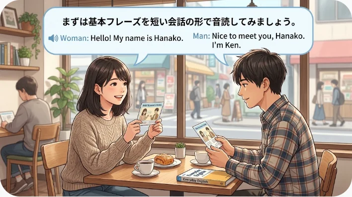 日本人の英語学習者が机で再会の挨拶を練習している様子