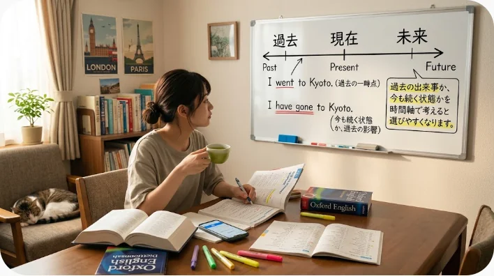 誕生日のカレンダーと文法カードを使って英語の時制を学ぶ成人学習者