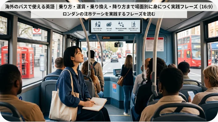 街中を走る2階建てバスの上階で、乗客たちが座ったり立ったりしながら、窓の外を通り過ぎる赤いバスや建物を眺めている。画像の上部には日本語のテキストが表示されている。.