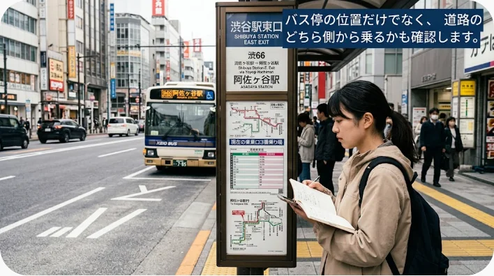 海外のバス停で旅行者がスマートフォンの地図と進行方向を確認している様子