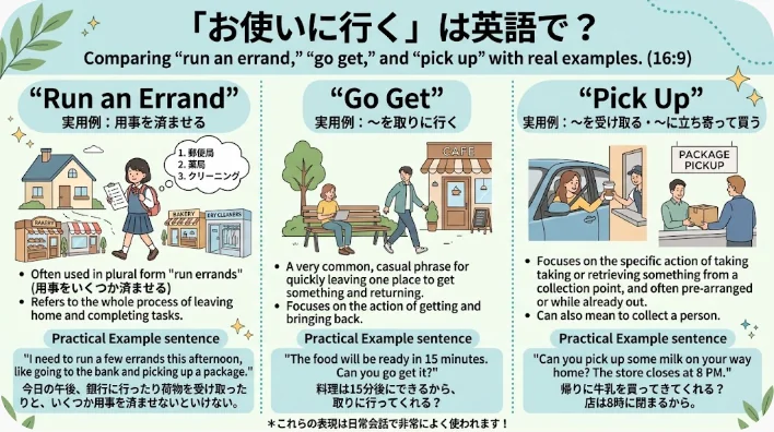 このインフォグラフィックでは、英語の「run an errand」「go get」「pick up」を、定義や使い方のヒント、実用的な例文とともに、イラスト入りの背景を背景に比較しています。.