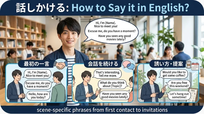 英語で会話を始めたり、会話を続けたり、誘いをかけたりするためのフレーズをまとめたインフォグラフィック。各ステップを案内する漫画風のイラストと吹き出しが掲載されています。.