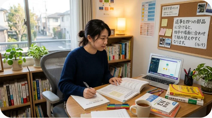 机で英語の丁寧な断り表現を練習する成人学習者