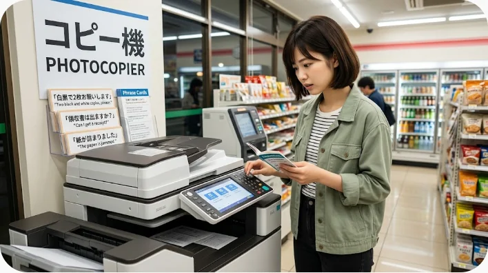 ある女性が、小冊子を手に持ちながら、コンビニのコピー機を使っている。背景には、スナック菓子が並んだ棚や、もう一人の人物が見える。.