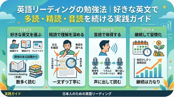 英語の読解力を向上させるための4つのステップ（「テキスト選び」「深く読む」「声に出して読む」「習慣づける」）をまとめた日本語のインフォグラフィック。各ステップにはイラストが添えられ、背景には自然の風景が描かれています。.