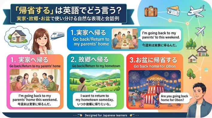 「実家へ帰る」という表現を英語でどう言うかを解説したインフォグラフィック。実家や故郷へ帰る場合、お盆の時期の例を挙げ、家族や家、お祭りのイラストを用いて説明しています。.
