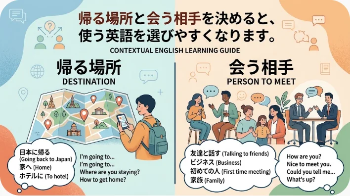旅行かばんや路線図を見ながら帰省の英語表現を選ぶ学習場面